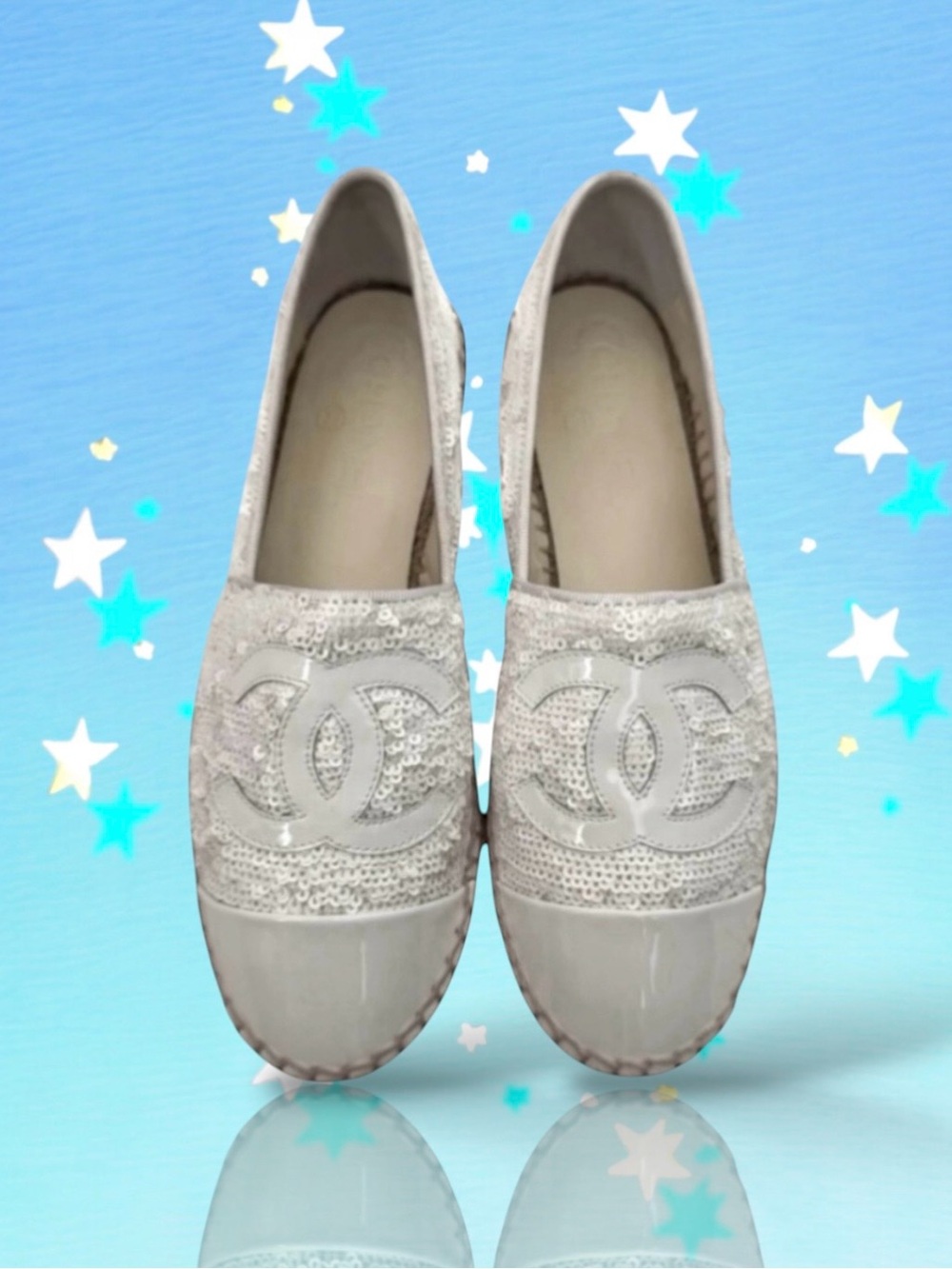 🆕💞CHANEL White Sequins Patent Leather CC Logo Cap Toe Espadrilles Flats • EU 37